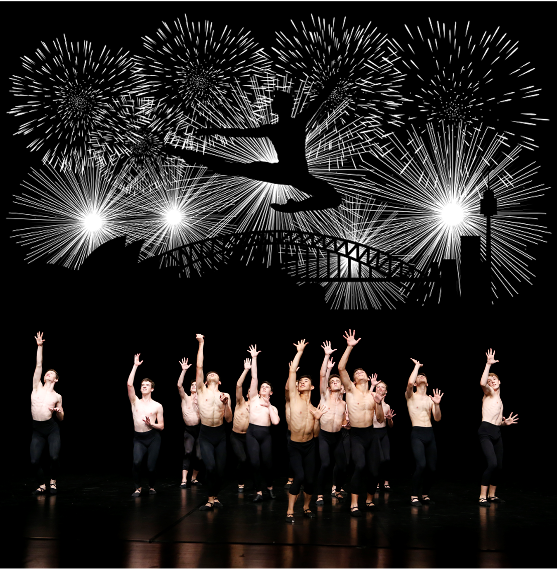 The Boys' Summer School final year: fireworks over Sydney Harbour Bridge with students performing on stage